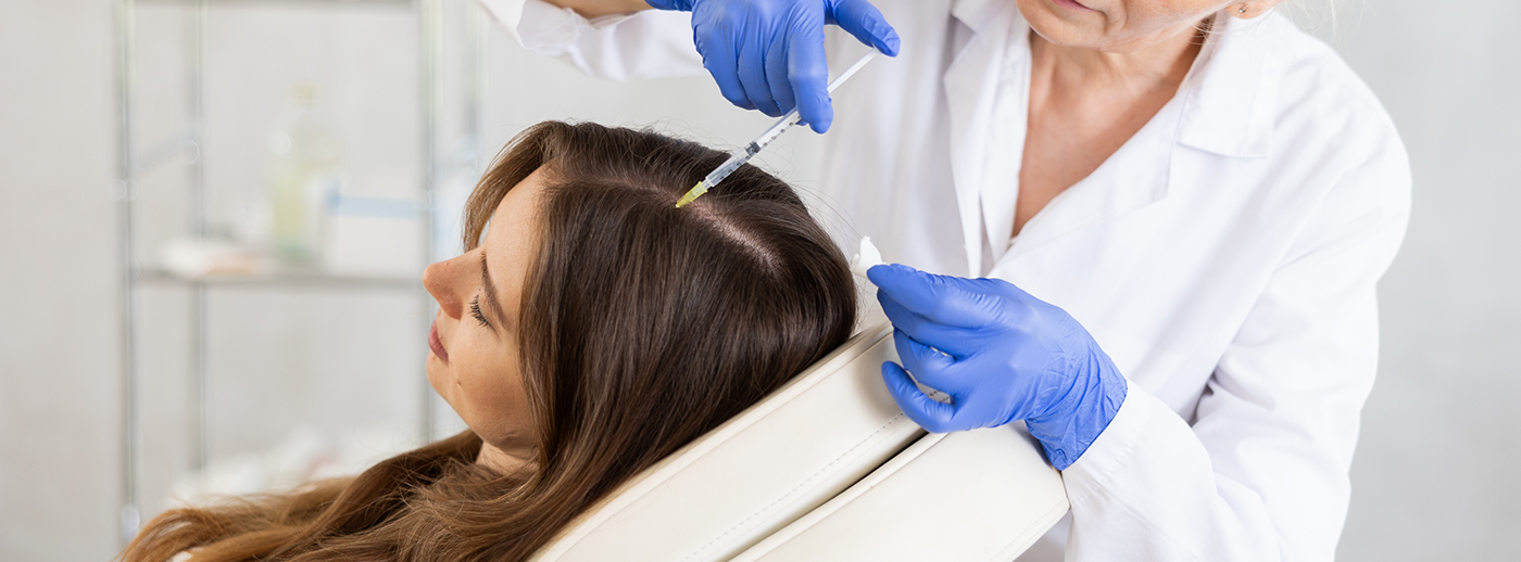 Woman lying in chair receiving PRP treatment for hair growth