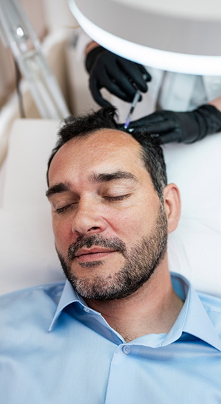 Bearded man receiving injection on top of head